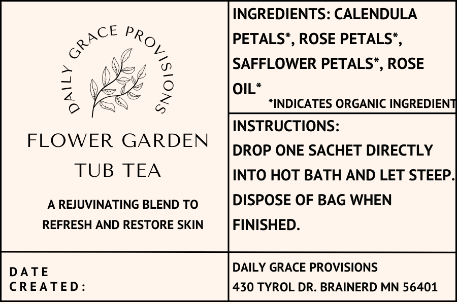 flower garden tub tea label includes an ingredient list and instructions