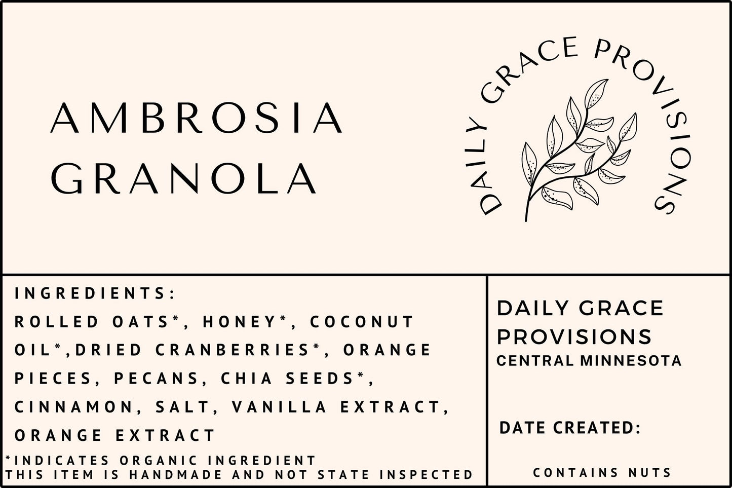 Label for ambrosia granola includes ingredient list