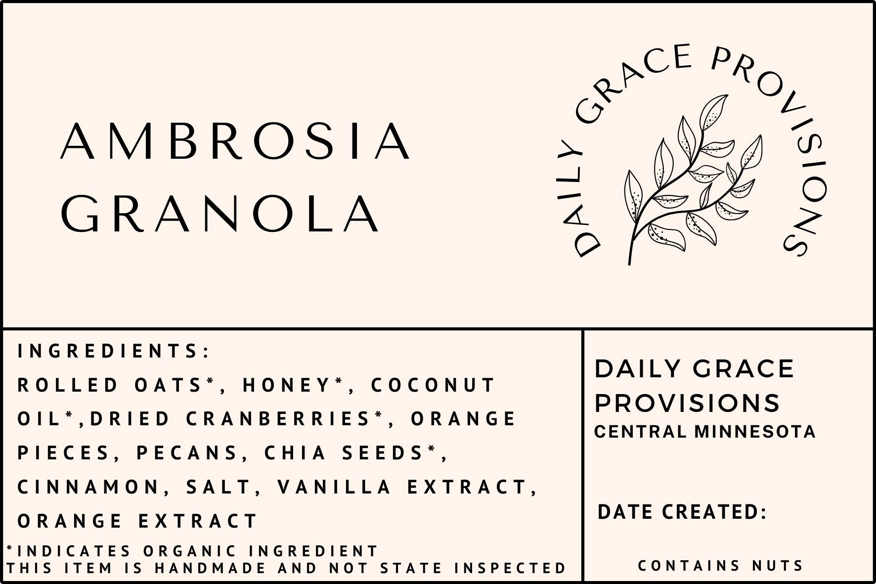 Label for ambrosia granola includes ingredient list