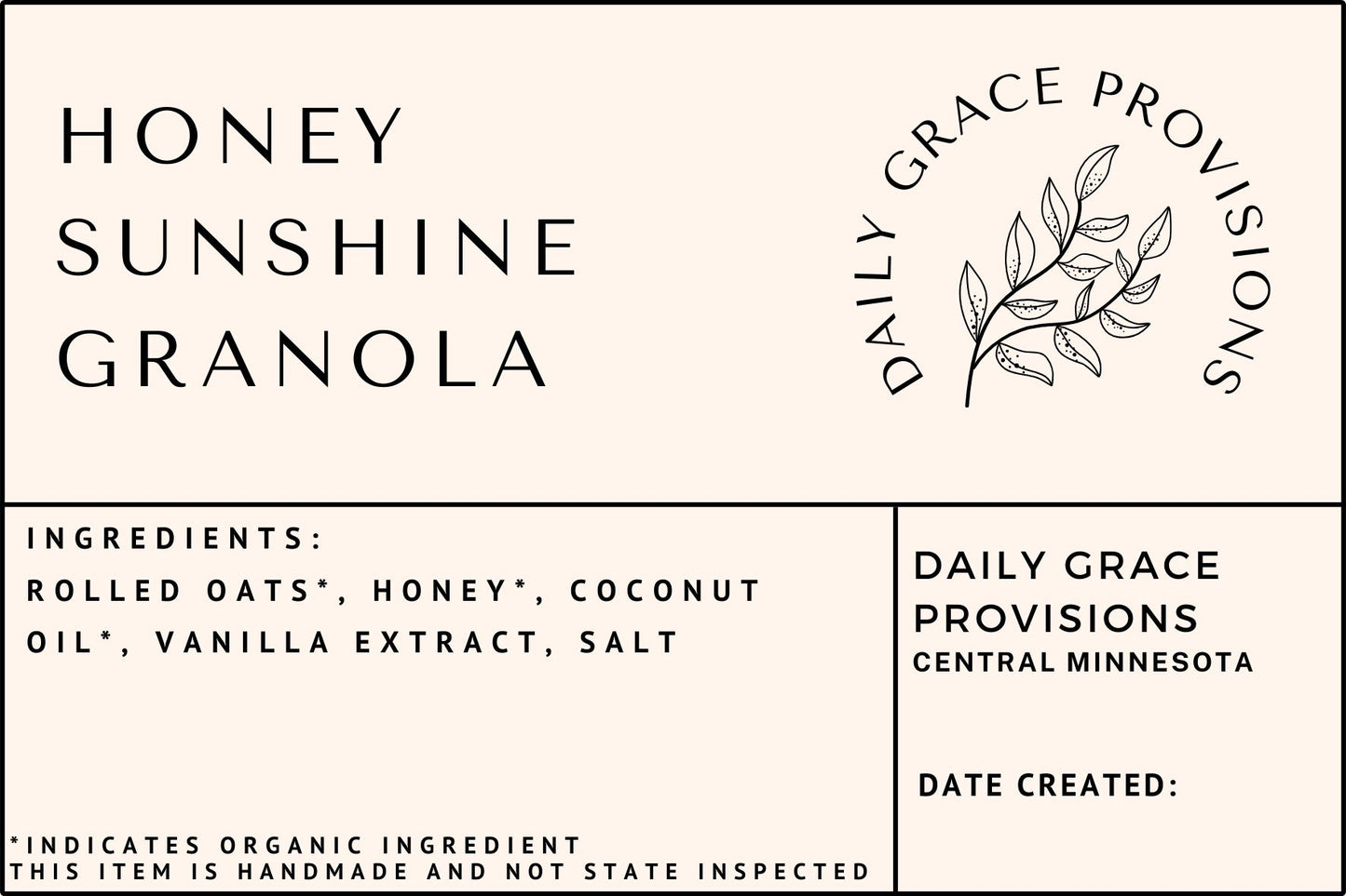 label for daily grace provisions honey sunshine granola