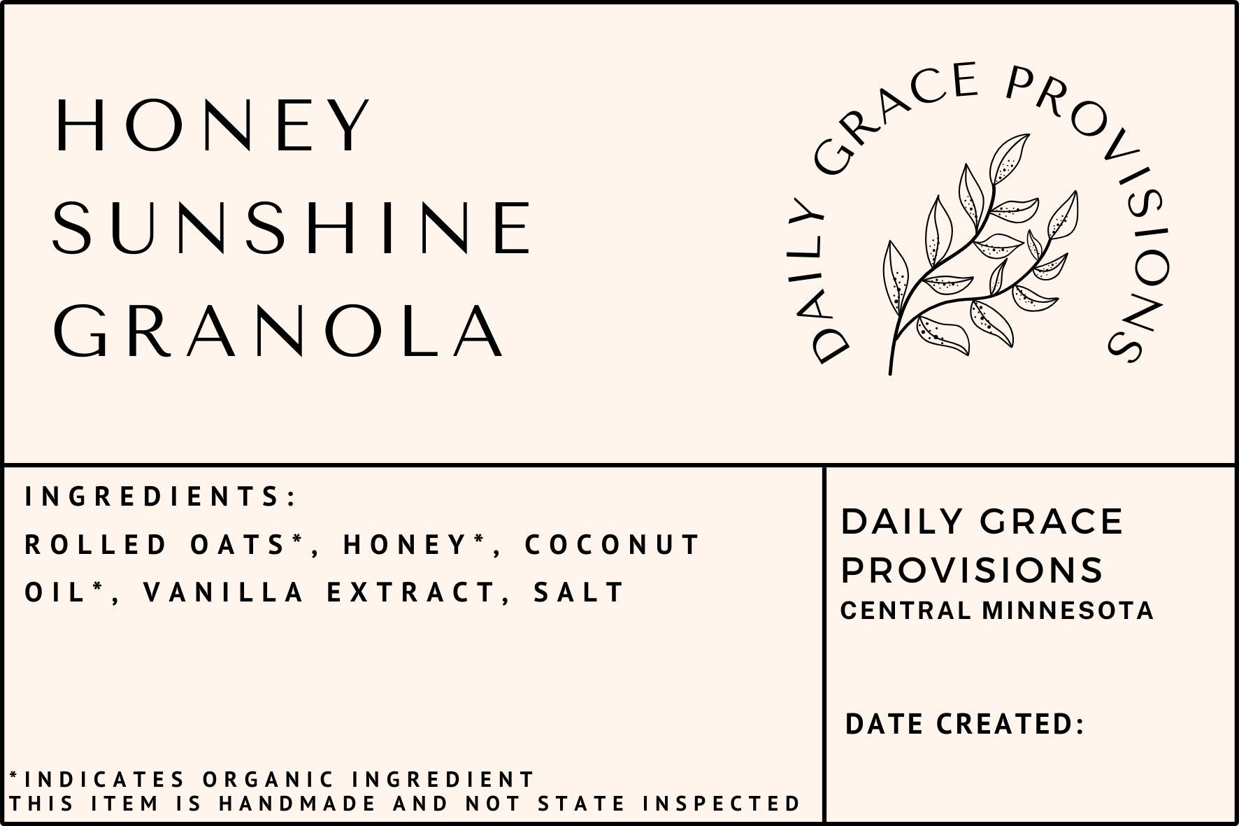 label for daily grace provisions honey sunshine granola
