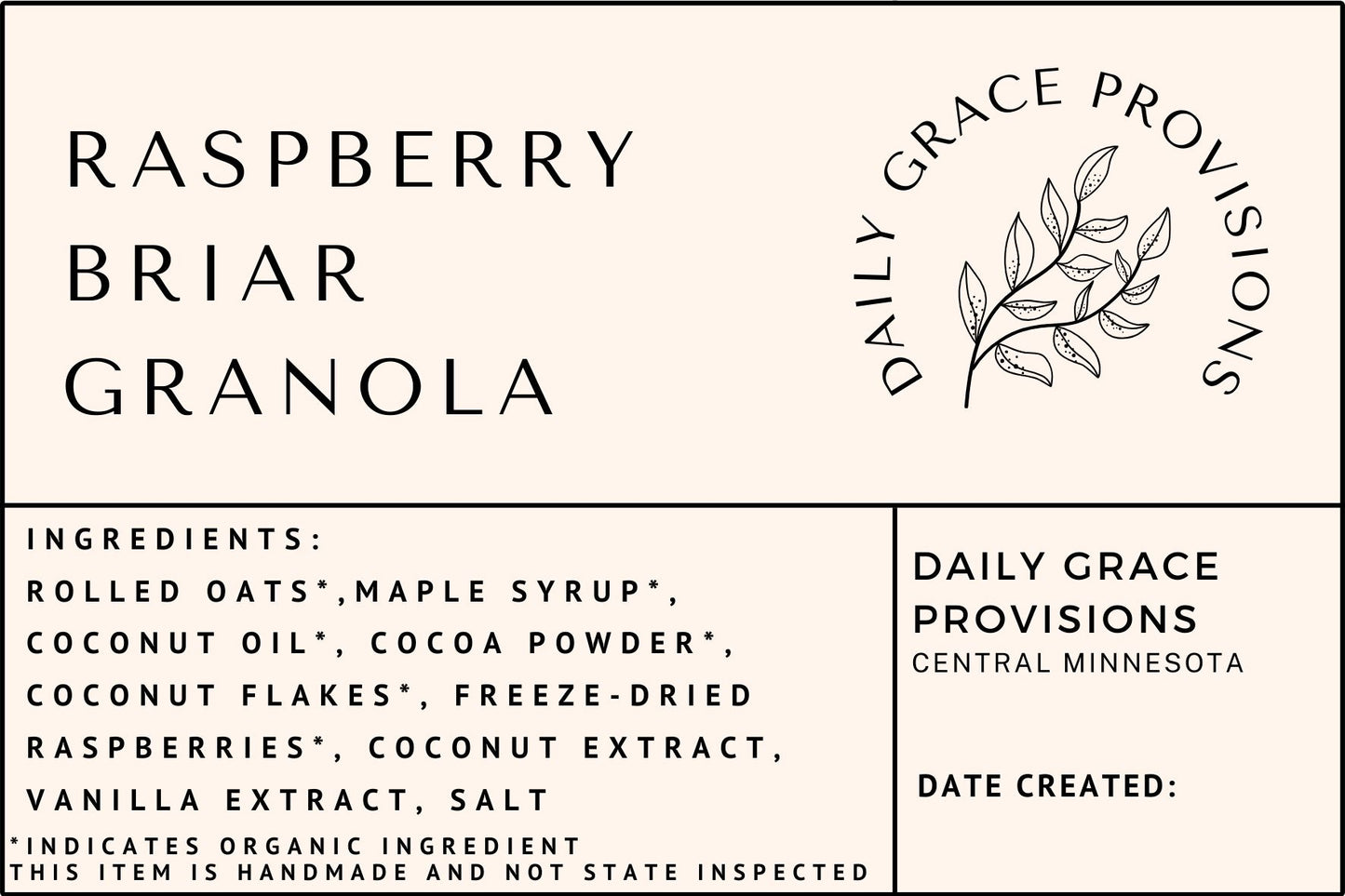 Label for daily grace provisions raspberry briar granola