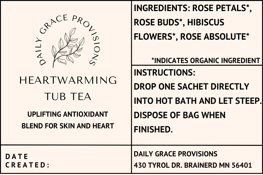 heartwarming tub tea label includes ingredient list and instructions for use