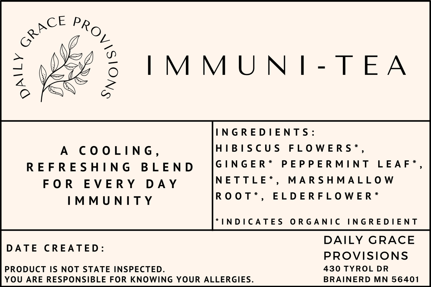 Label For Immuni-Tea containing ingredient list