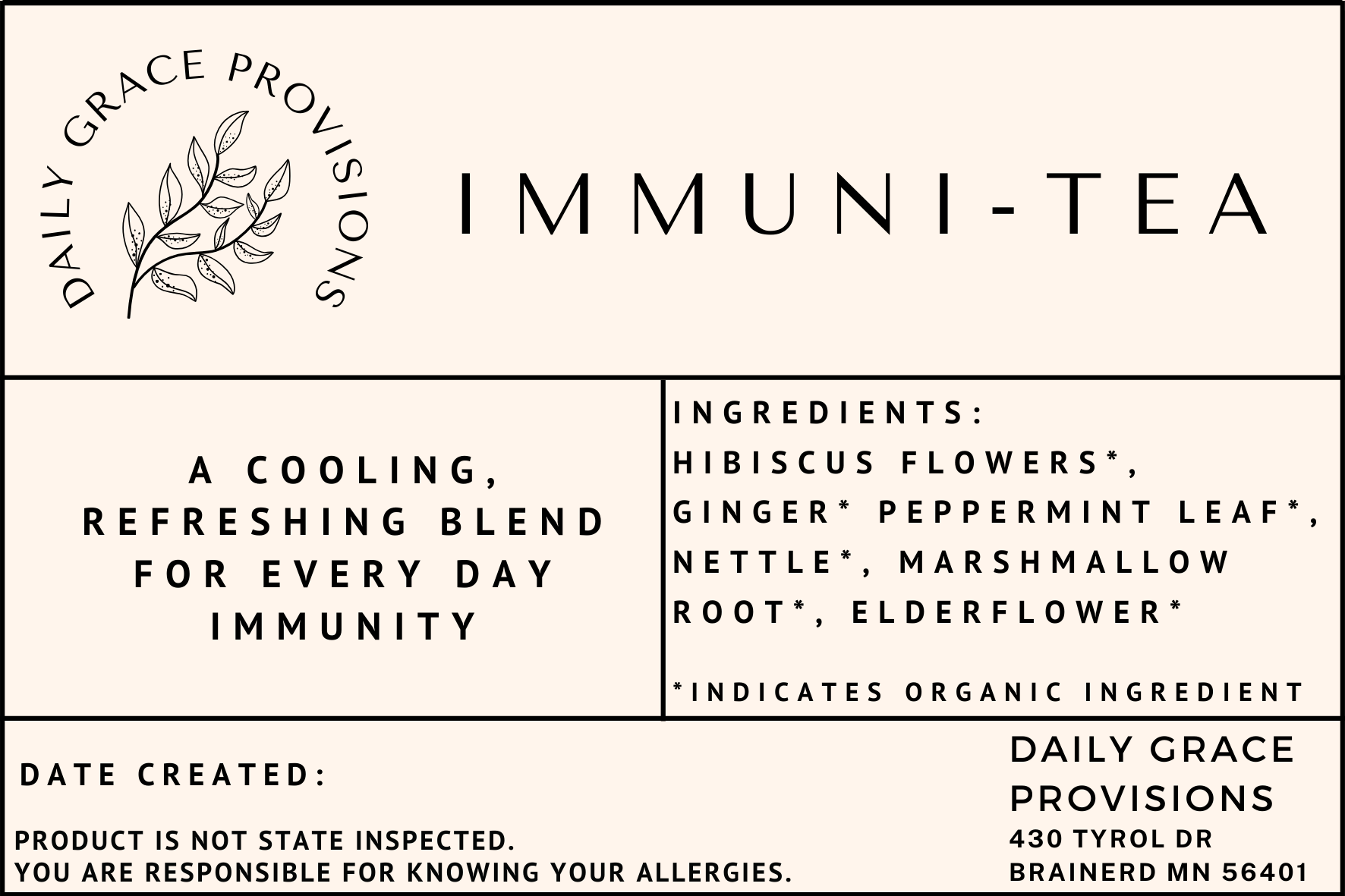 Label For Immuni-Tea containing ingredient list