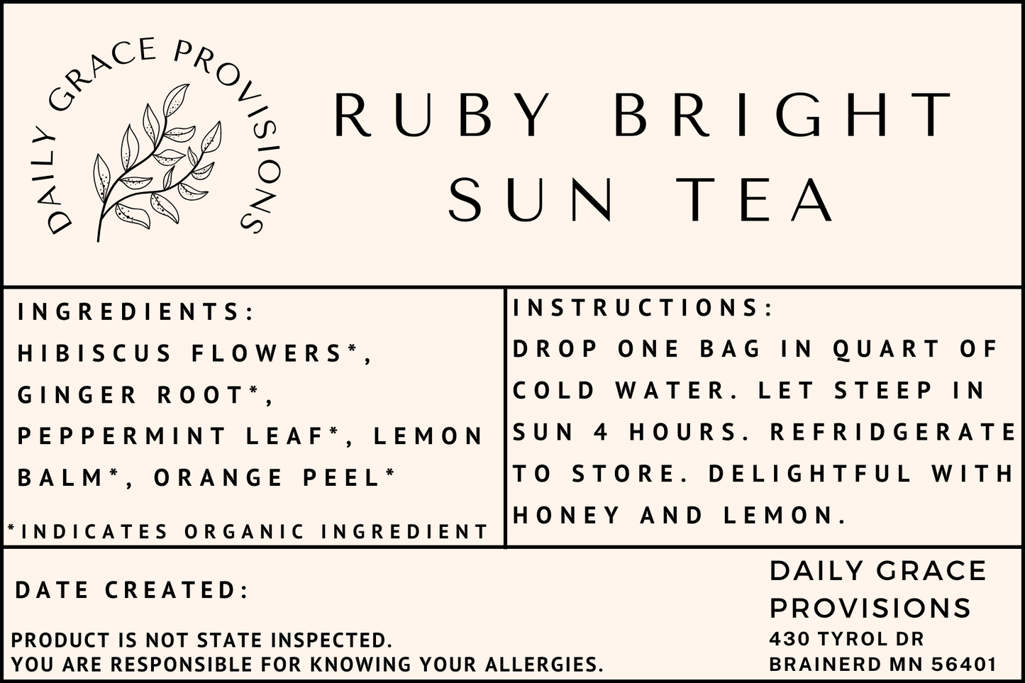 Label for Ruby Bright Sun Tea includes instructions and ingredient list
