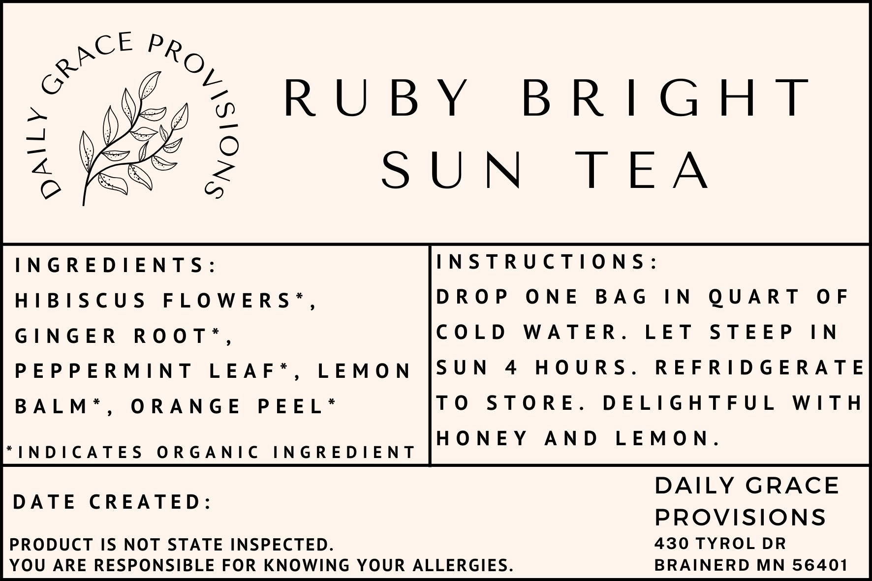 Label for Ruby Bright Sun Tea includes instructions and ingredient list