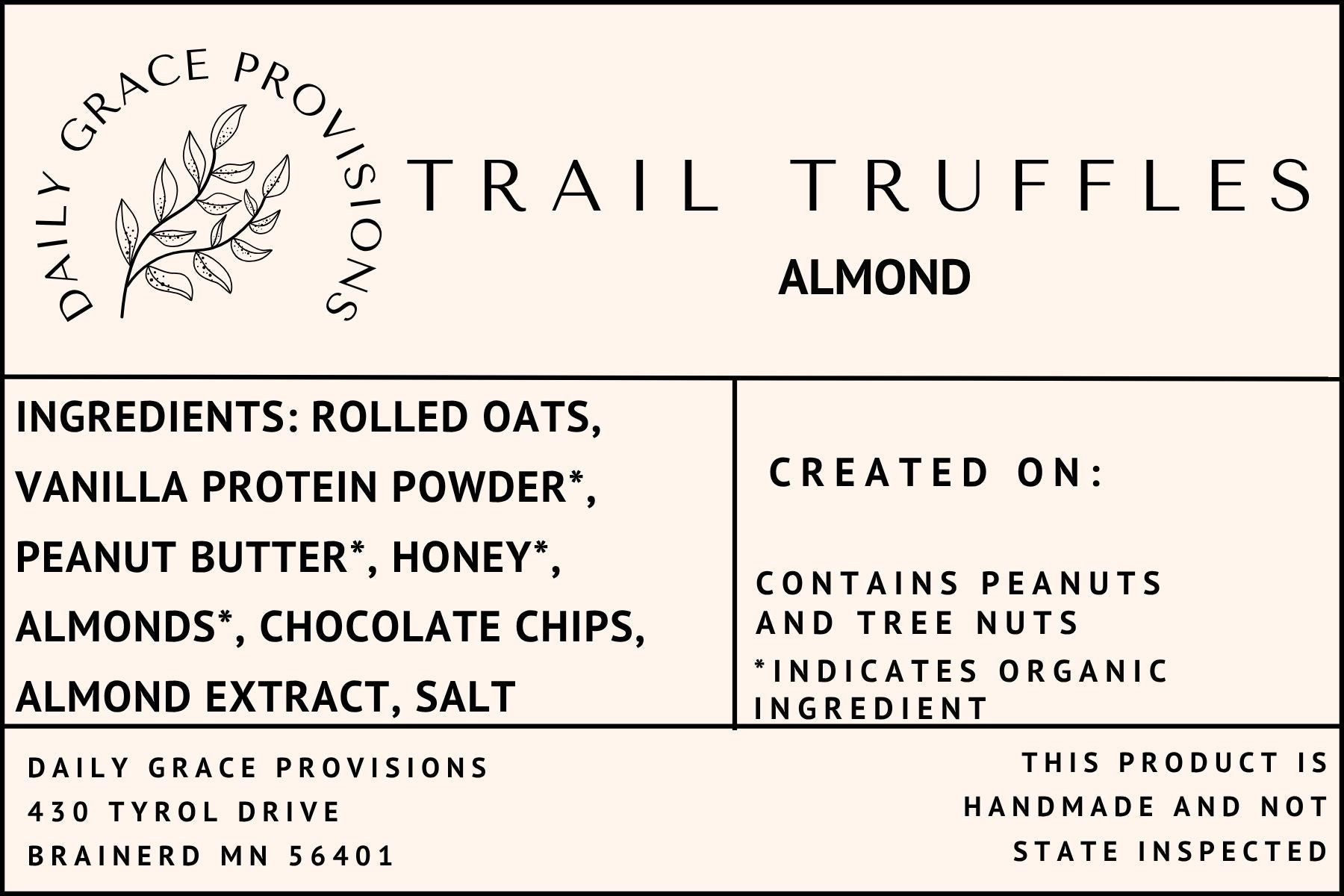 label for almond trail truffles includes ingredient list