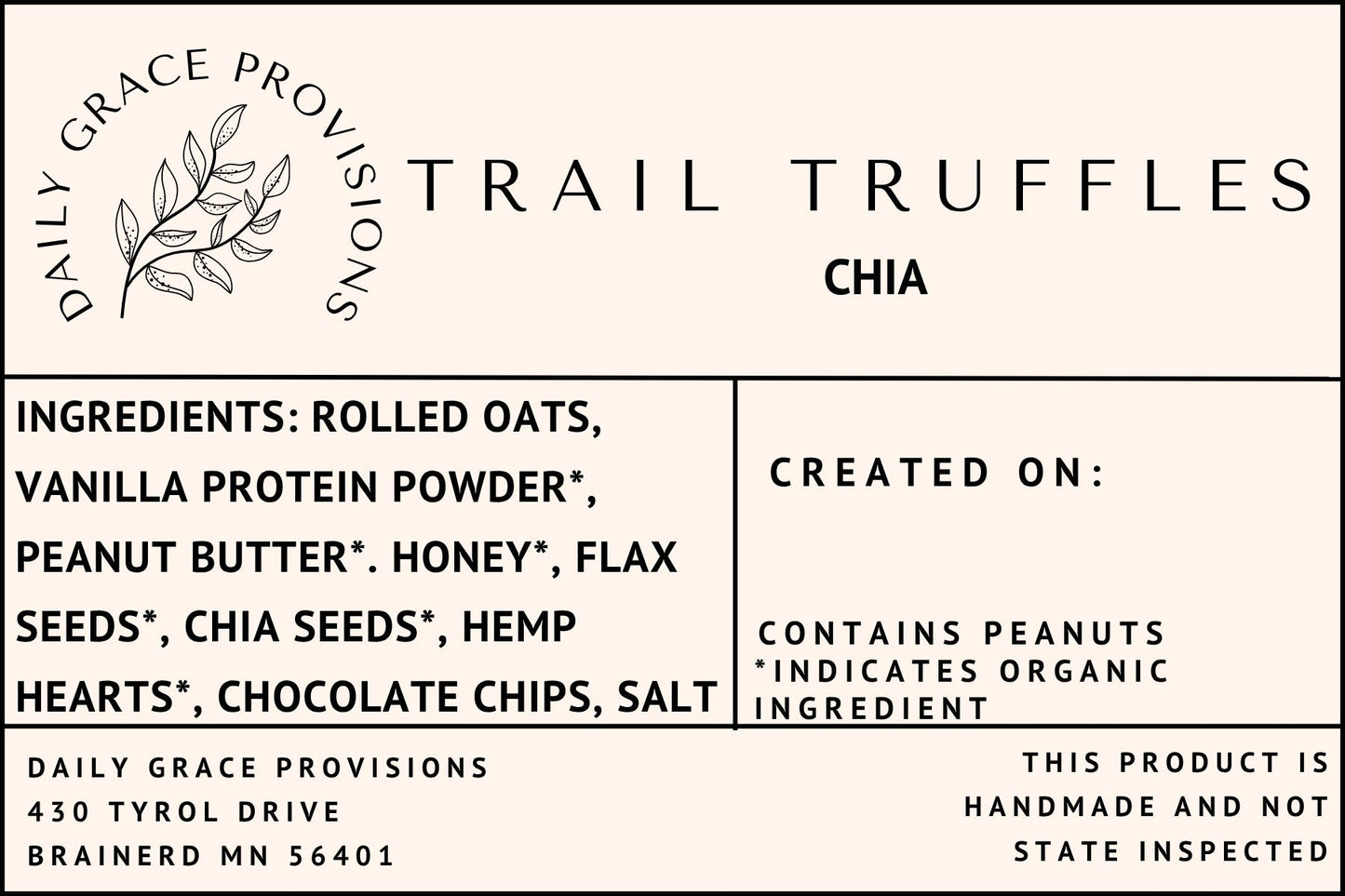 Chia trail truffles label includes ingredient list