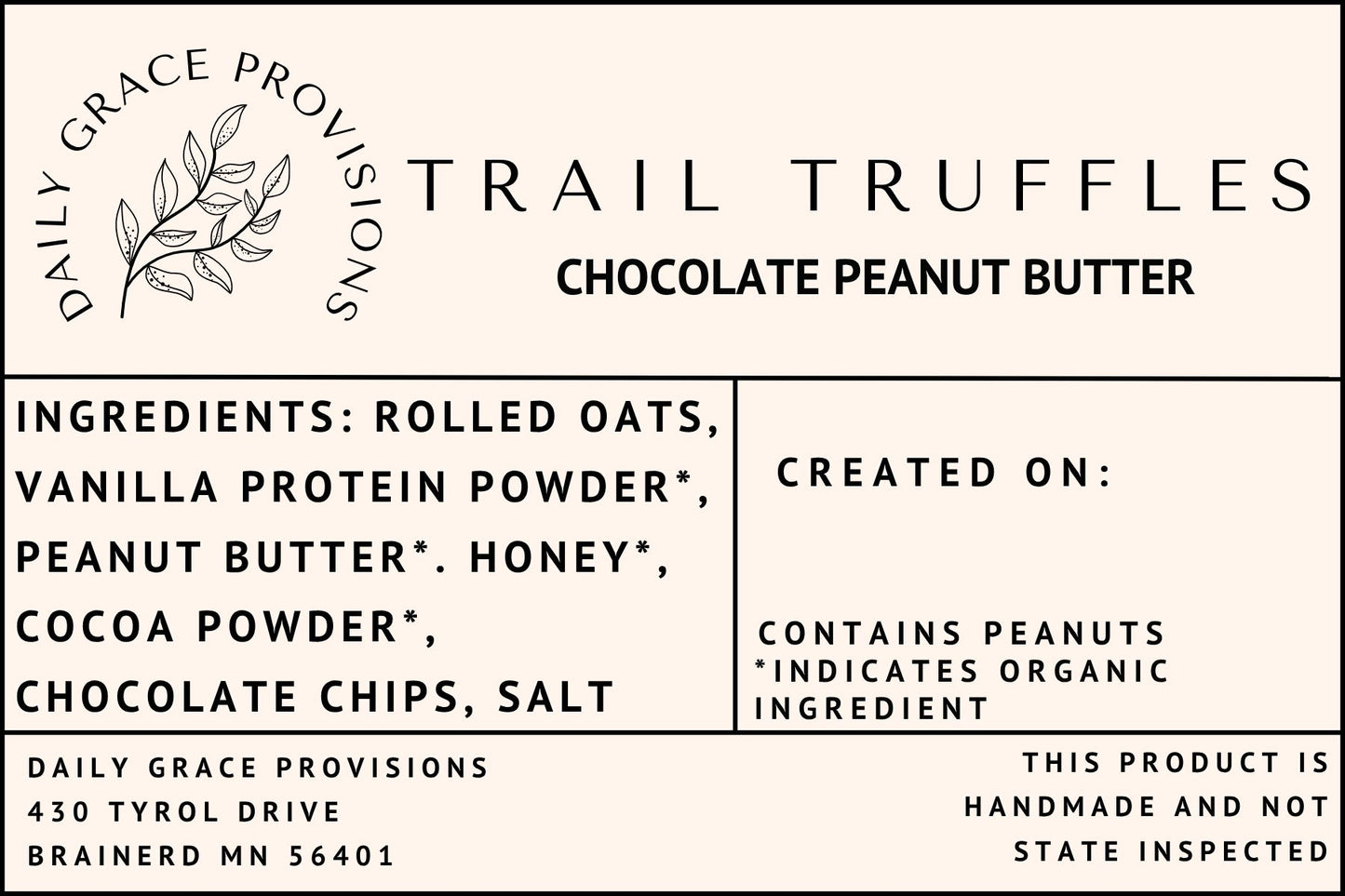 label for chocolate trail truffles includes ingredient list