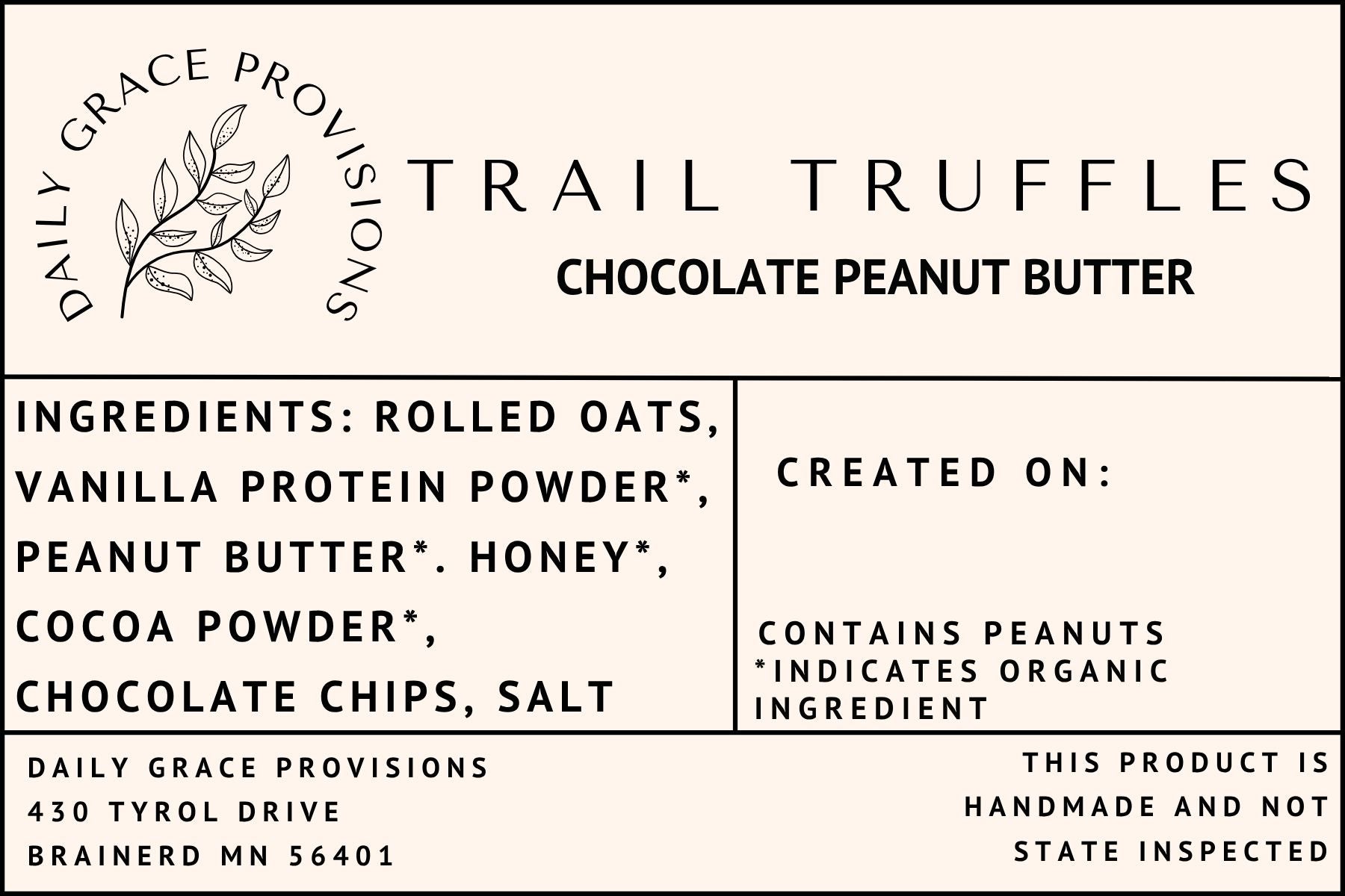 label for chocolate trail truffles includes ingredient list