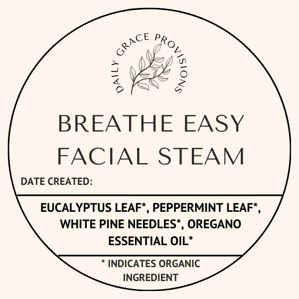 the label for the breathe easy facial steam includes an ingredient list