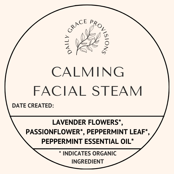 the label for he calming facial steam includes ingredient list