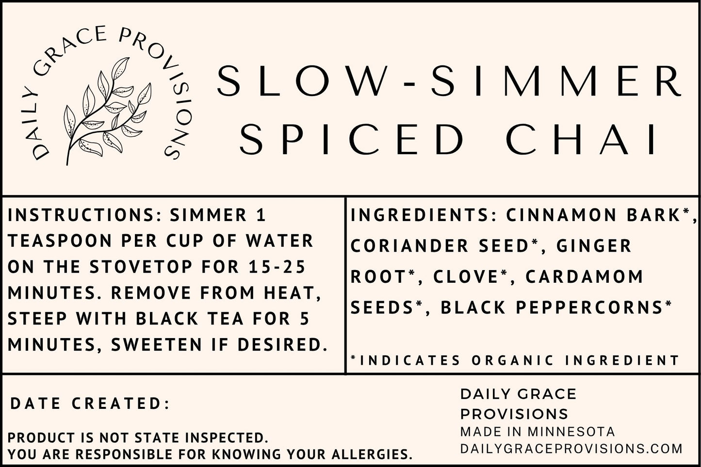 Ingredients for spiced chai include cinnamon, coriander, ginger, clove, and cardamom