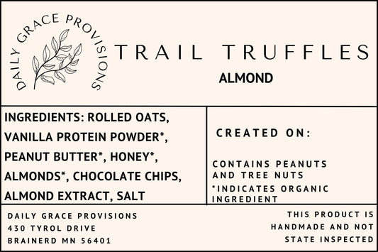 label for almond trail truffles includes ingredient list
