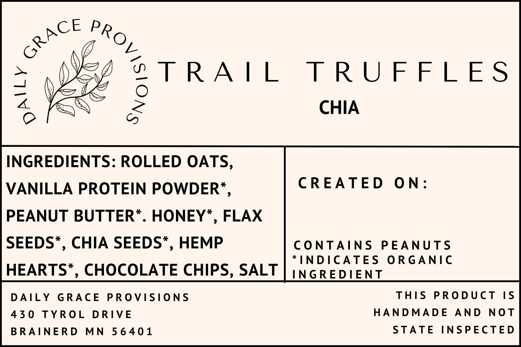 Chia trail truffles label includes ingredient list