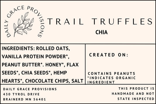Chia trail truffles label includes ingredient list