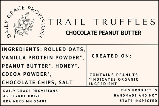 label for chocolate trail truffles includes ingredient list

